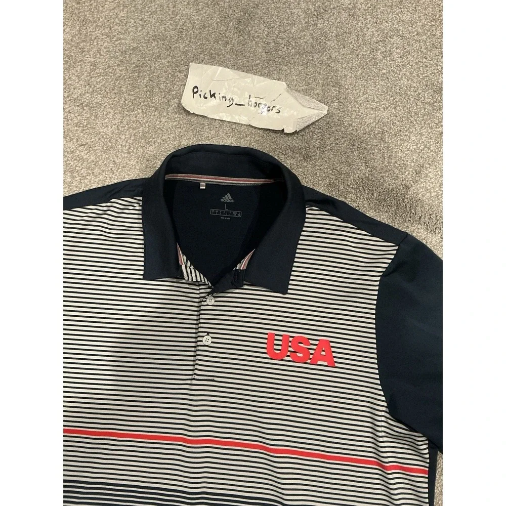 Adidas Golf Polo Shirt Mens LARGE Navy Blue Gray Red USA Logo Striped